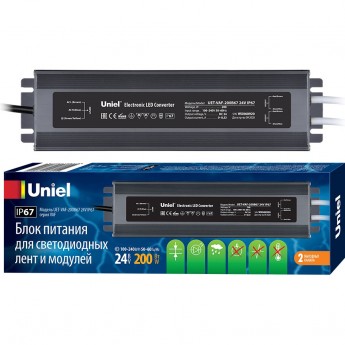 Блок питания ультратонкий UNIEL UET-VAF-200B67 24V IP67 2 выхода Блок питания ультратонкий UNIEL UET-VAF-200B67 24V IP67 2 выхода