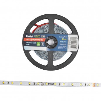 Светодиодная лента UNIEL ULS-2835-60LED/m-8mm-IP20-DC24V-6W/m-5M-DW катушка в герметичной упаковке Светодиодная лента UNIEL ULS-2835-60LED/m-8mm-IP20-DC24V-6W/m-5M-DW катушка в герметичной упаковке